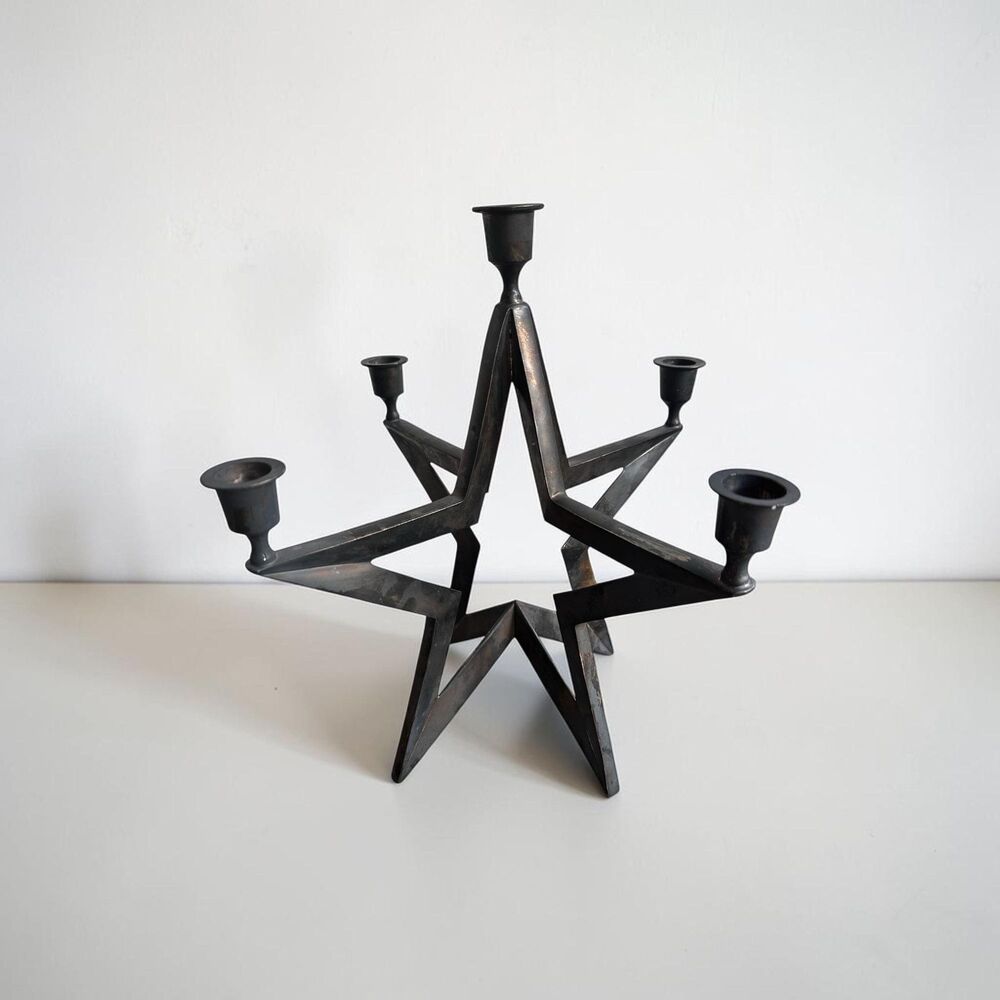 Vtg Restoration Hardware Wrought Iron Star Candelabra Candle Holder Brutalist